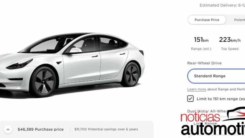 Tesla Model 3 “pé-de-boi” tem só 151 km de autonomia no Canadá