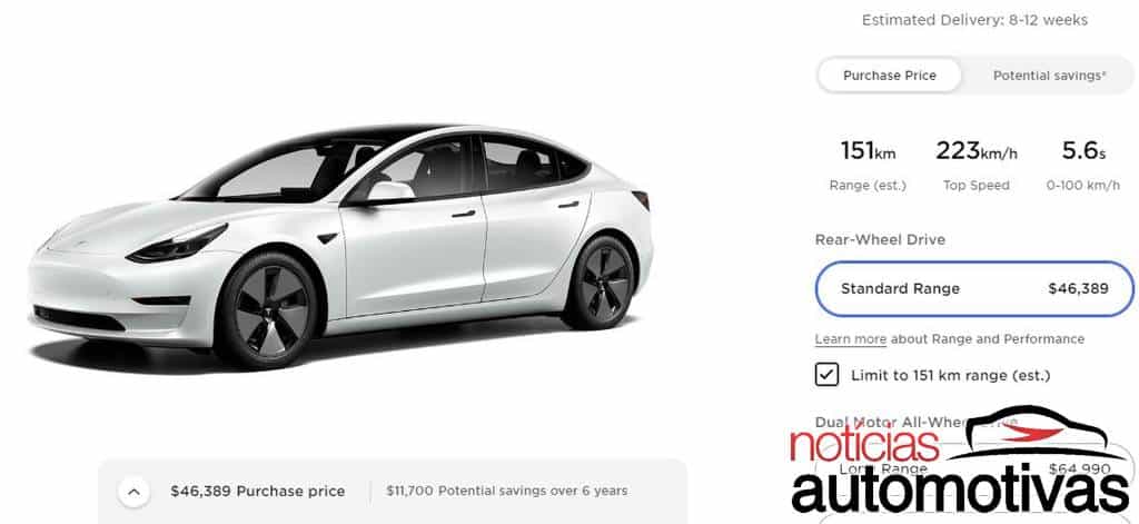 Tesla Model 3 “pé-de-boi” tem só 151 km de autonomia no Canadá