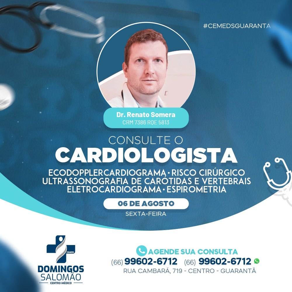 Cardiologista Dr. Renato atenderá sexta dia 06/08 no Centro Médico Domingos Salomão