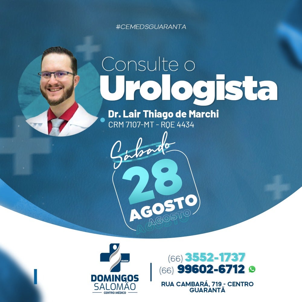 O Urologista Dr. Lair Tiago  estará atendendo no dia 28 de Agosto em Guarantã do Norte