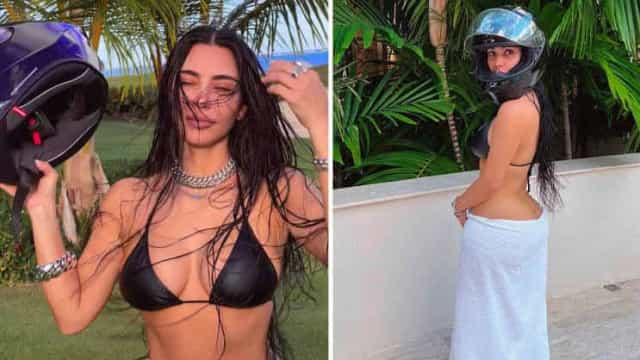 Kim Kardashian posa de capacete e toalha após clipe polêmico do ex