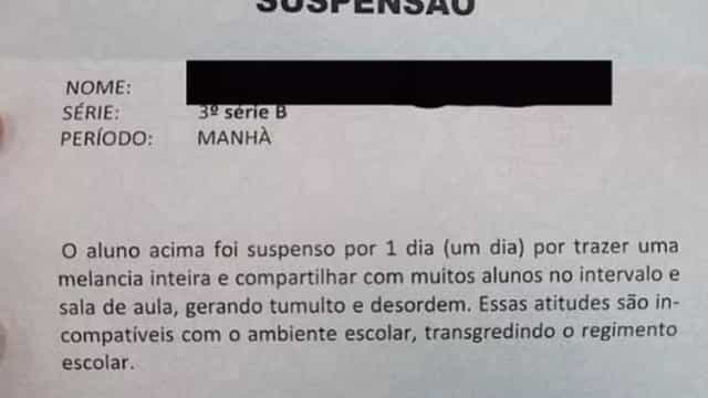 Aluno suspenso por causa de melancia em escola da zona leste de SP viraliza na internet