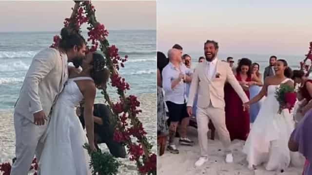 Sheron Menezzes e Saulo Camilo se casam em praia do Rio