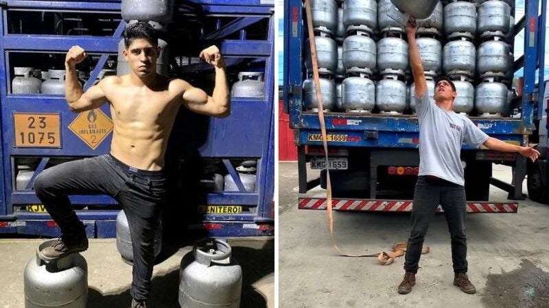 Homem do Gás: jovem viraliza com arremessos de botijões de até 29 quilos