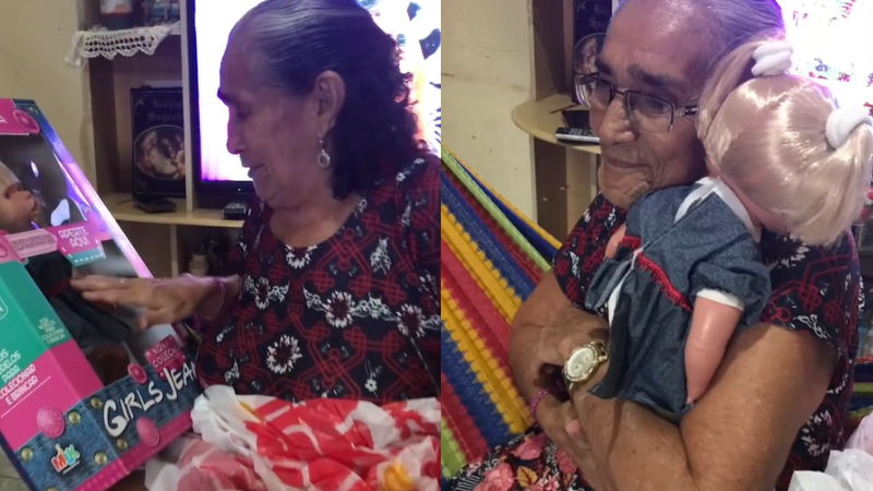 Avó que nunca teve boneca ganha uma do neto e se emociona. VÍDEO