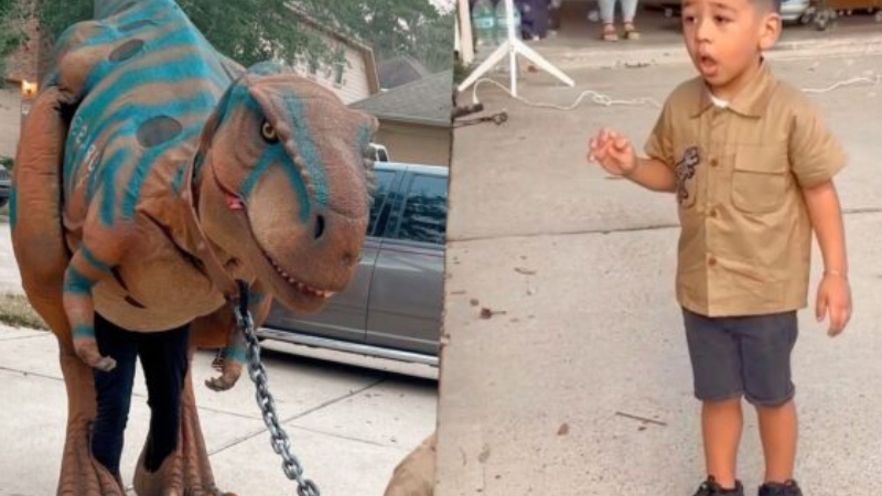 Garoto que ama dinos ganha T-Rex de aniversário e tem a melhor reação