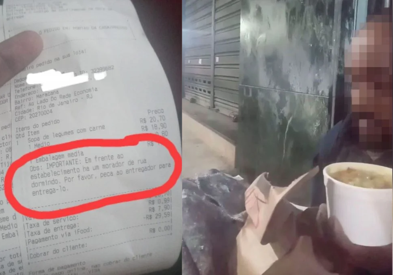 Cliente pede sopa por app e manda entregar a sem-teto com frio na rua