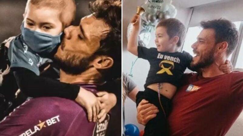 Goleiro comemora última quimio do filho de 4 anos com apoio da torcida. Vídeo