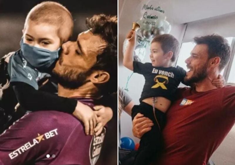 Goleiro comemora última quimio do filho de 4 anos com apoio da torcida. Vídeo