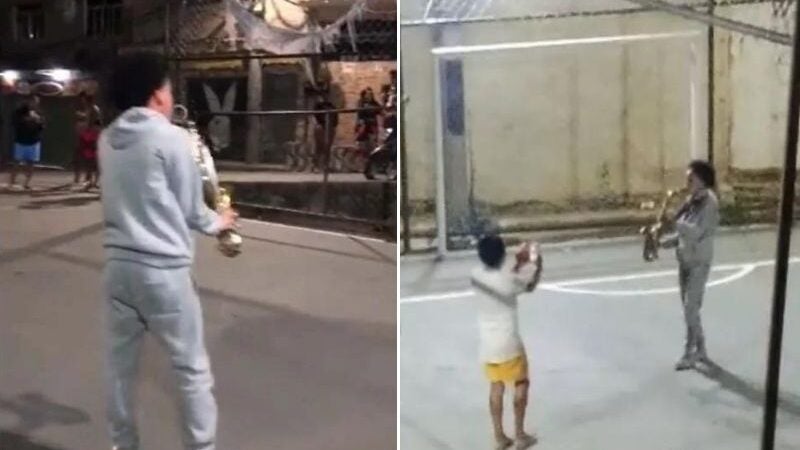 Após conflito e mortes, jovem do Morro do Alemão toca saxofone para acalmar moradores. VÍDEO