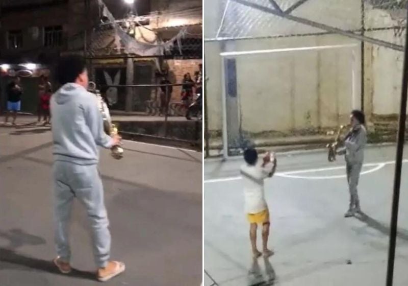Após conflito e mortes, jovem do Morro do Alemão toca saxofone para acalmar moradores. VÍDEO