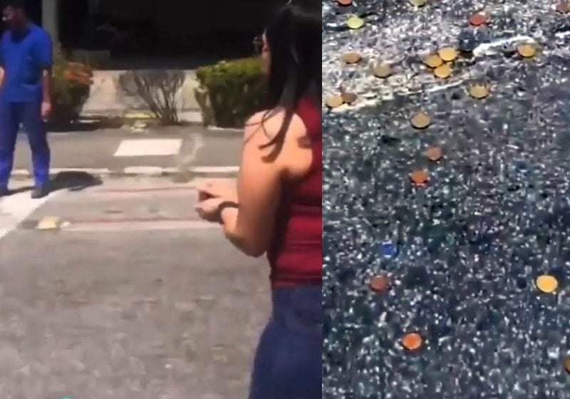 Entregador derruba moedas na rua por acidente e pedestres correm para ajudar a recolher. VIDEO