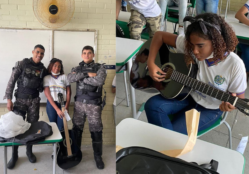 Policiais fazem surpresa e dão violão a aluna de música que vende doces na rua