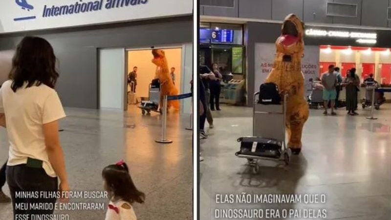 Pai surpreende filhas fantasiado de dinossauro no aeroporto. VÍDEO