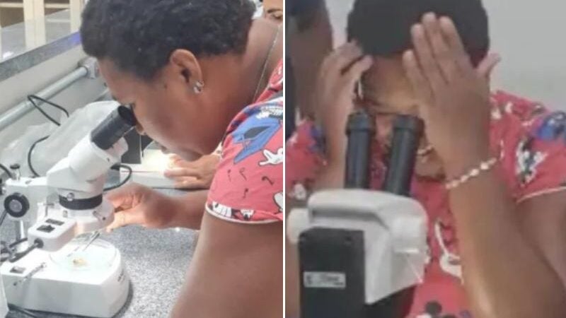 Após 25 anos longe da escola, doméstica chova ao ver formiga no microscópio pela 1ª vez