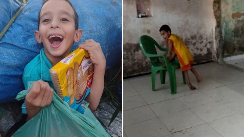 Vizinhos se unem para ajudar menino com paralisia que arrasta cadeira de plástico achada no lixo