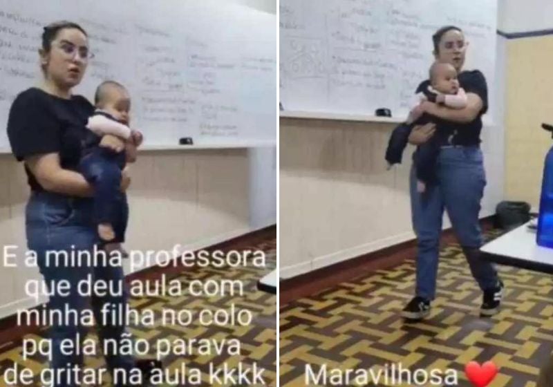 Professora segura e acalma bebê de aluna que chorava na aula. VÍDEO
