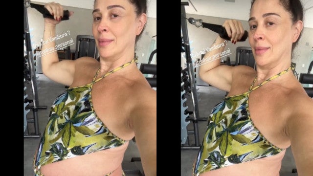 Cláudia Raia na academia com super barriga de grávida