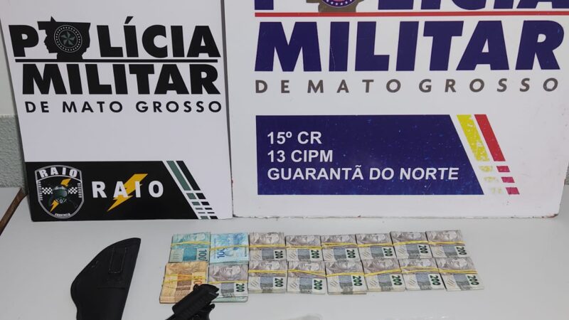 PM apreende suspeito com quase R$ 32 mil reais, arma de fogo e 01 kg de ouro em Guarantã do Norte