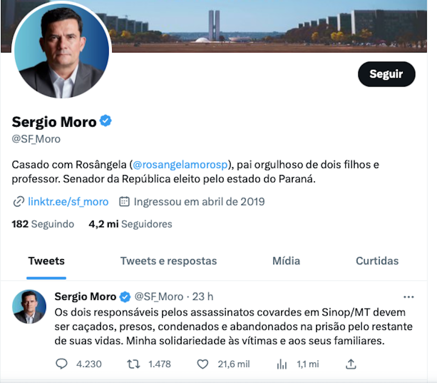 Senador e ex-juiz Sergio Moro diz que autores de chacina em Sinop devem “ser abandonados na prisão pelo restante de suas vidas”