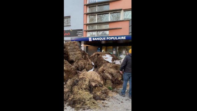 Agricultores franceses fazem protesto e bloqueiam banco com estrume