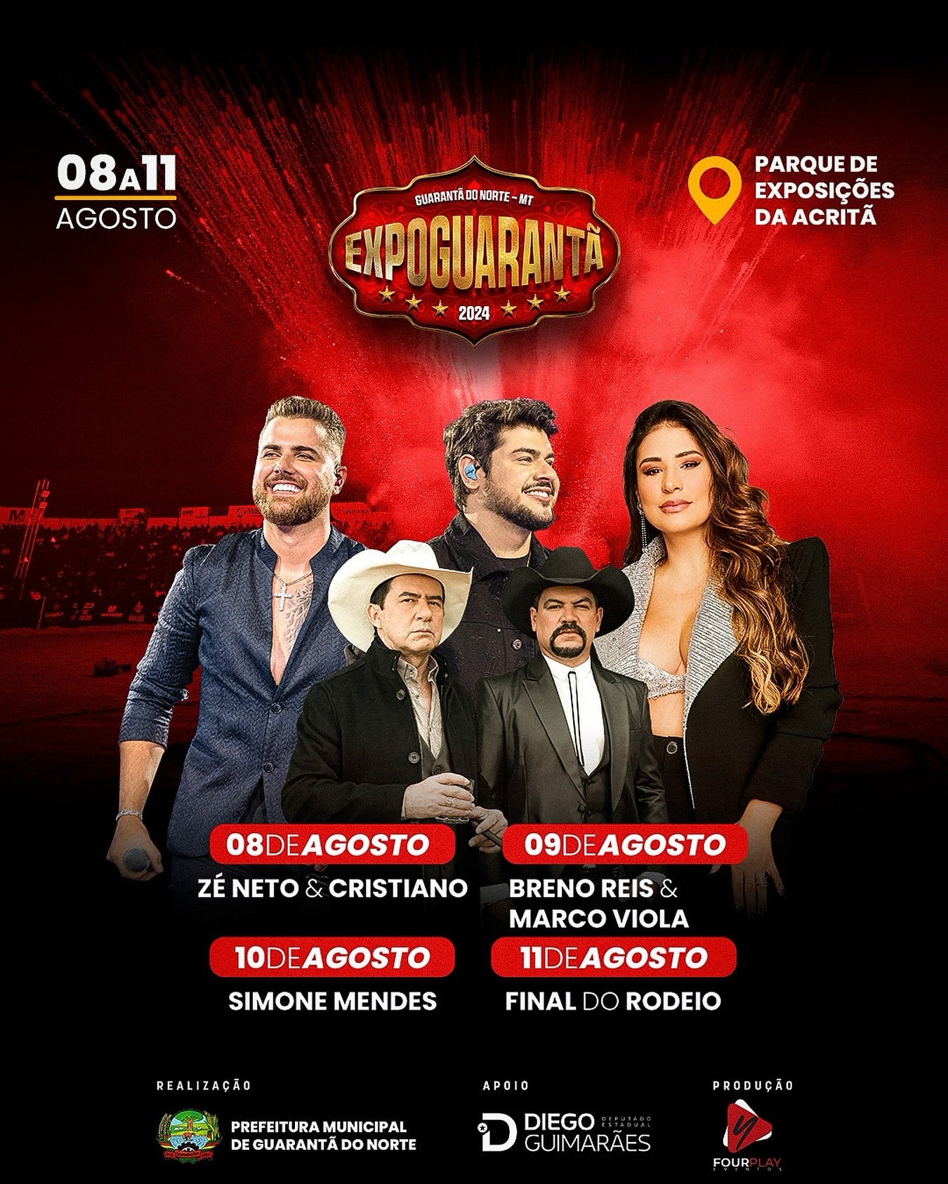 Expoguarantã tera shows de Zé Neto e Cristiano, Simone Mendes, Breno Reis e Marco Viola