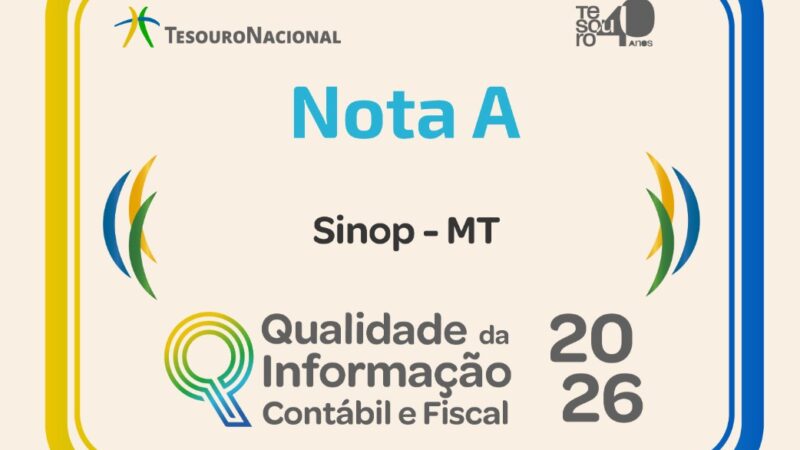 Pelo terceiro ano consecutivo, Sinop conquista Selo A do Tesouro Nacional e consolida excelência na gestão pública
